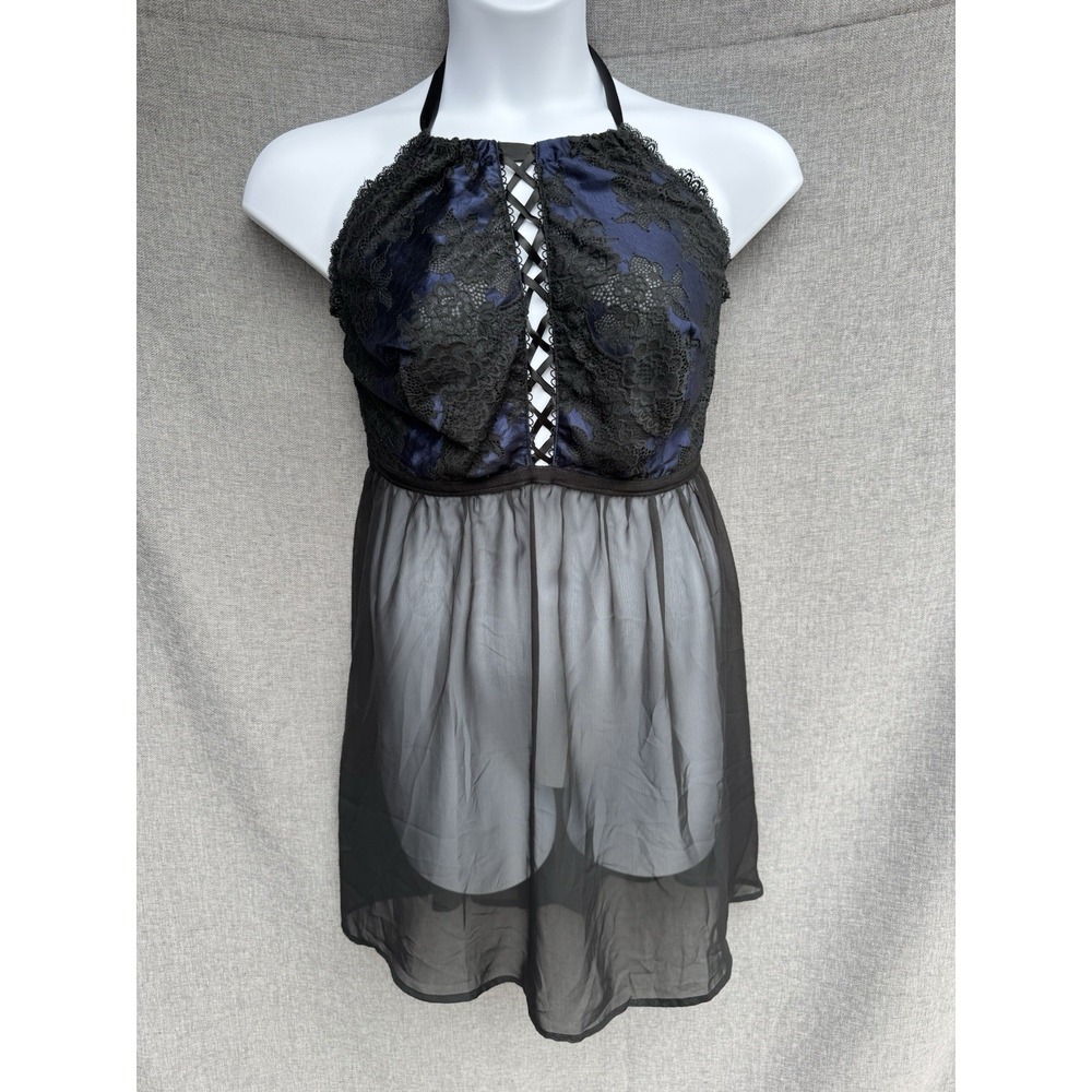 CACIQUE Babydoll Lingerie Nightgowns Size 22/24 Black Blue Lace Sheer Mesh‎ Tie